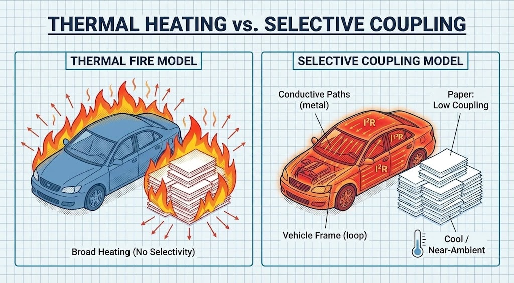 Diagram 23. Thermal heating vs selective coupling: thermal fire model (broad heating, car and paper burn) vs selective coupling (I²R in conductive paths/frame; paper low coupling, cool/near-ambient)