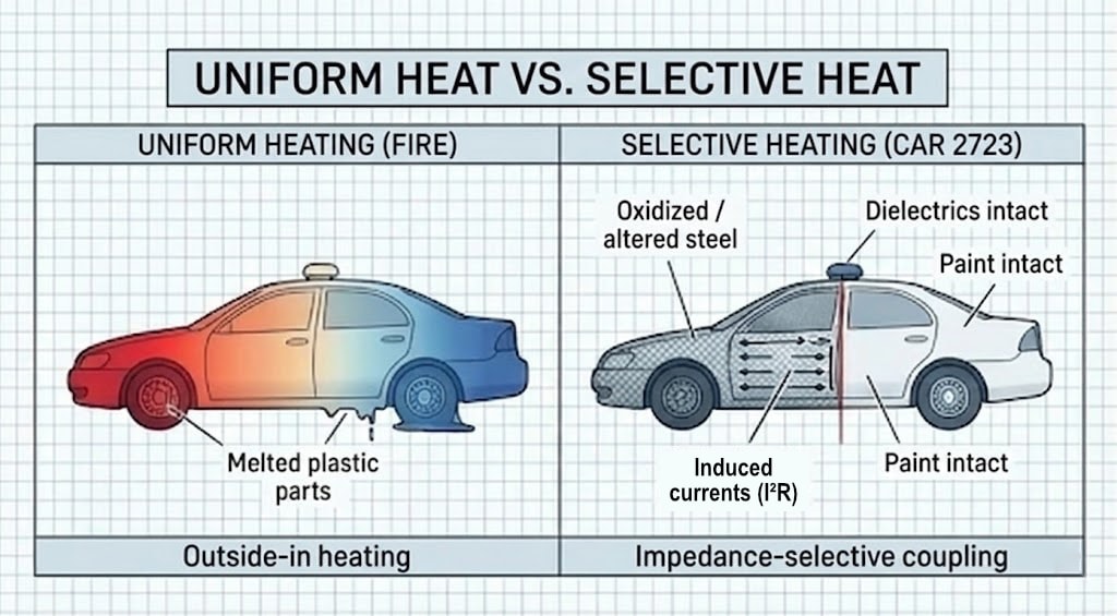 Diagram 20. Uniform heat vs selective heat: uniform heating (fire)—outside-in, melted plastic—vs selective heating (Car 2723)—impedance-selective coupling, induced currents (I²R), oxidized steel; dielectrics and paint intact