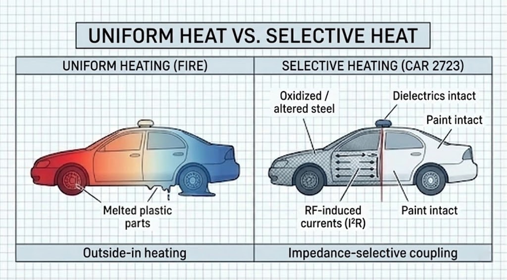 Diagram 20. Uniform heat vs selective heat: uniform heating (fire)—outside-in, melted plastic—vs selective heating (Car 2723)—impedance-selective coupling, RF-induced currents (I²R), oxidized steel; dielectrics and paint intact