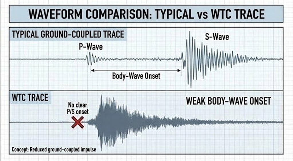 Diagram 50. Waveform comparison: typical ground-coupled trace (P-wave, body-wave onset, S-wave) vs WTC trace (no clear P/S onset; weak body-wave onset); concept: reduced ground-coupled impulse