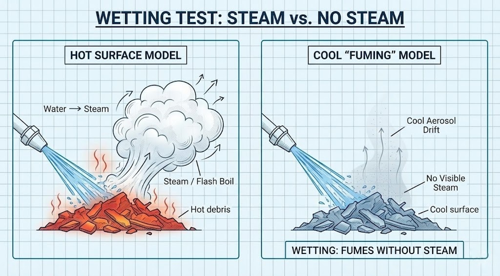 Diagram 24. Wetting test: hot surface model (water → steam / flash boil) vs cool fuming model (no visible steam, cool aerosol drift; wetting: fumes without steam)
