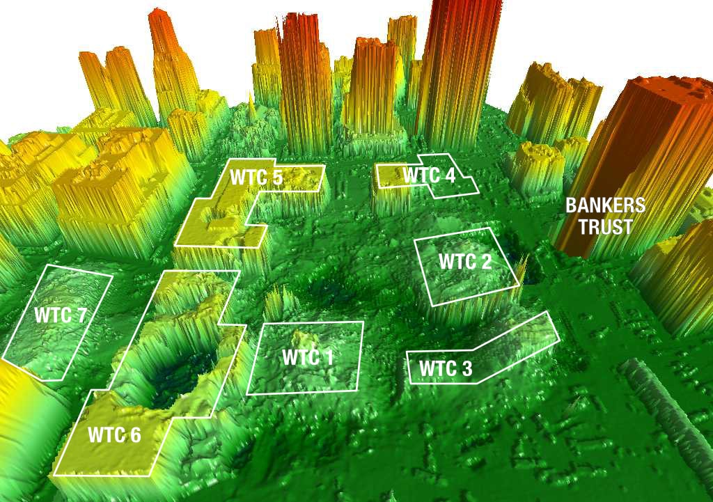 Figure 18. (9/16-23/01) LIDAR image of the WTC complex showing the remains of WTC1, WTC2, other WTC buildings, with elevation color-coded (green: lower, yellow/orange/red: higher); WTC 6 appears as a depression.
  <br>
  - LIDAR topography data