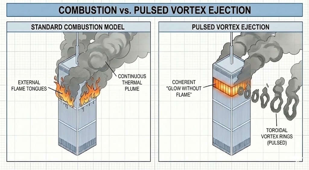 Diagram 8. Comparison diagram showing the difference between continuous combustion smoke and pulsed vortex ejection, demonstrating toroidal vortex formation requiring specific pressure impulses