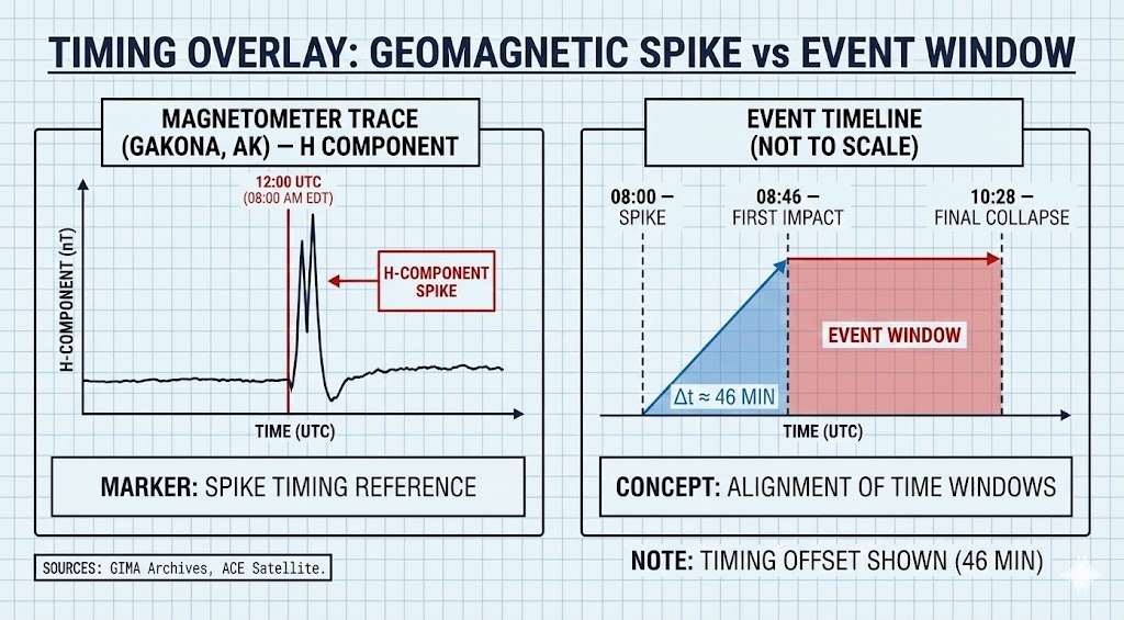 Schematic diagram illustrating geomagnetic synchronization and activation sequence showing 31-minute capacitive charging time