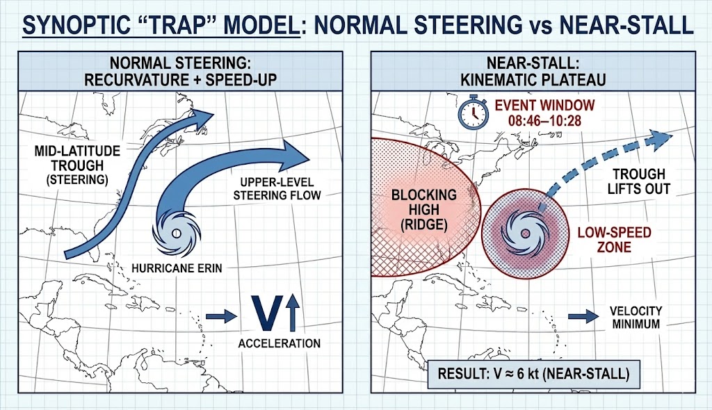 Schematic diagram illustrating synoptic trap mechanism and deceleration anomaly showing blocking dome and missed catch configuration