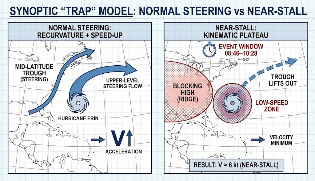 Diagram 56. Schematic diagram illustrating synoptic trap mechanism and deceleration anomaly showing blocking dome and missed catch configuration