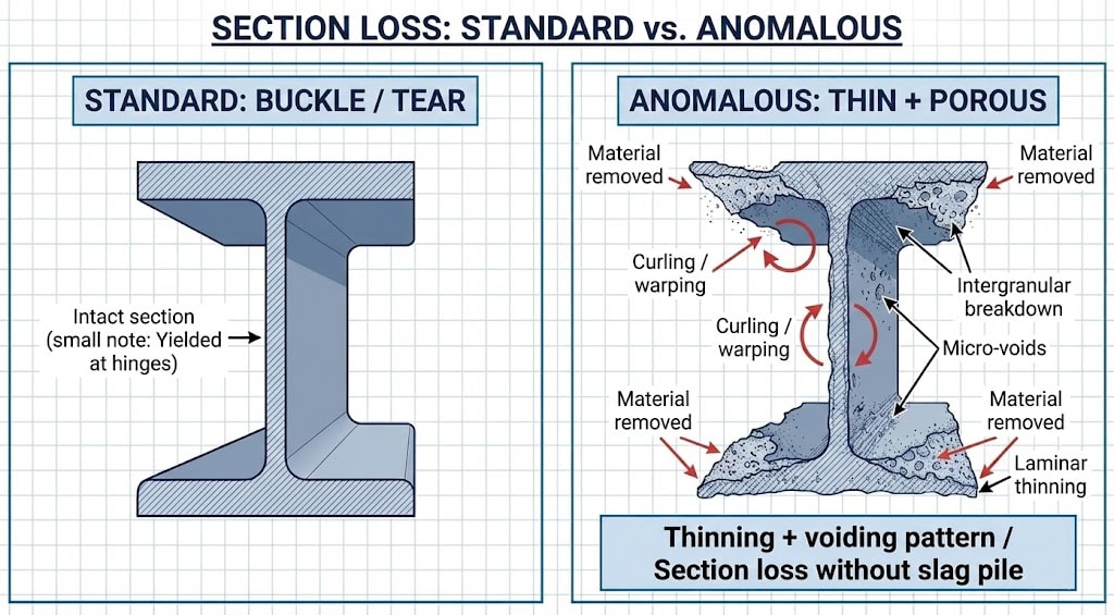 Diagram 30. Comparison diagram showing standard section loss with oxide expansion versus anomalous section loss with no visible slag pile, demonstrating dry erosion paradox