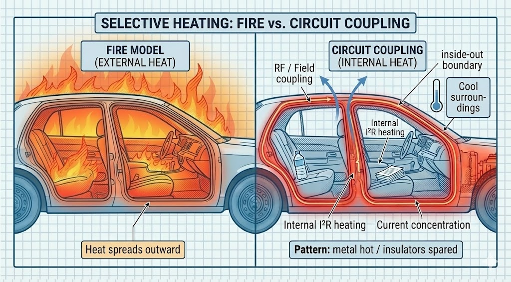 Comparison diagram showing fire attacking combustibles first versus circuit coupling with internal heating, demonstrating inside-out oxidation from conductive-loop coupling
