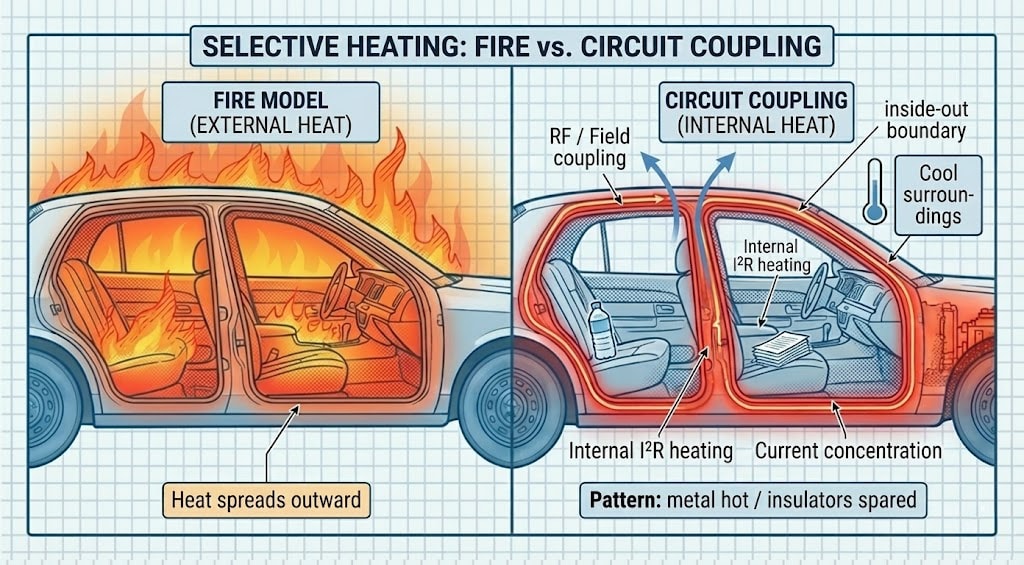 Diagram 33. Selective heating: fire model (external heat—outside-in, heat spreads) vs circuit coupling (internal I²R heating; inside-out boundary; metal hot / insulators spared)