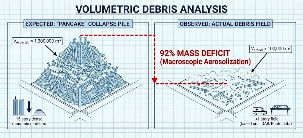 Diagram 11. Volumetric rubble analysis diagram showing mass deficit calculations, comparing expected versus observed debris pile height and volume