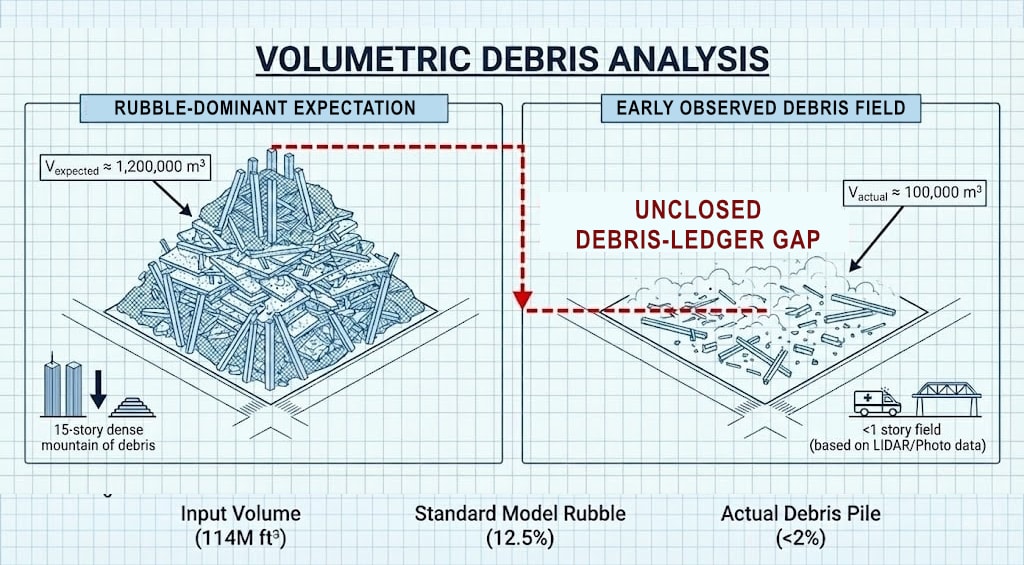 Diagram 4. Volumetric rubble analysis diagram showing mass deficit calculations and energy budget constraints