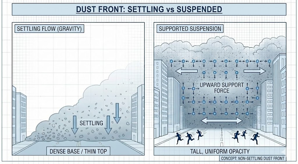 Comparison diagram showing standard dust front with settling gradient versus suspended dust wall, demonstrating dielectrophoretic segregation