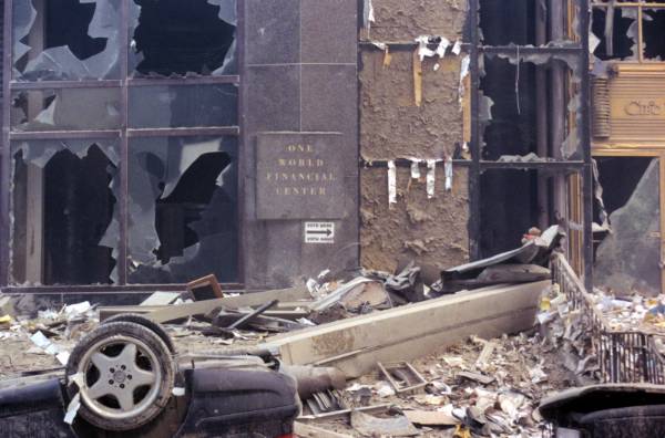 Figure 54. Flipped car outside One World Financial Center (1 WFC), underside not heavily scuffed, consistent with lift-dominant displacement.