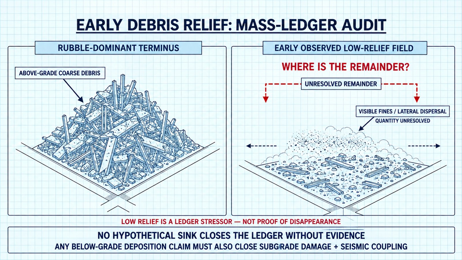 Diagram 4. Early debris relief as a mass-ledger audit: rubble-dominant terminus versus the observed low-relief field.