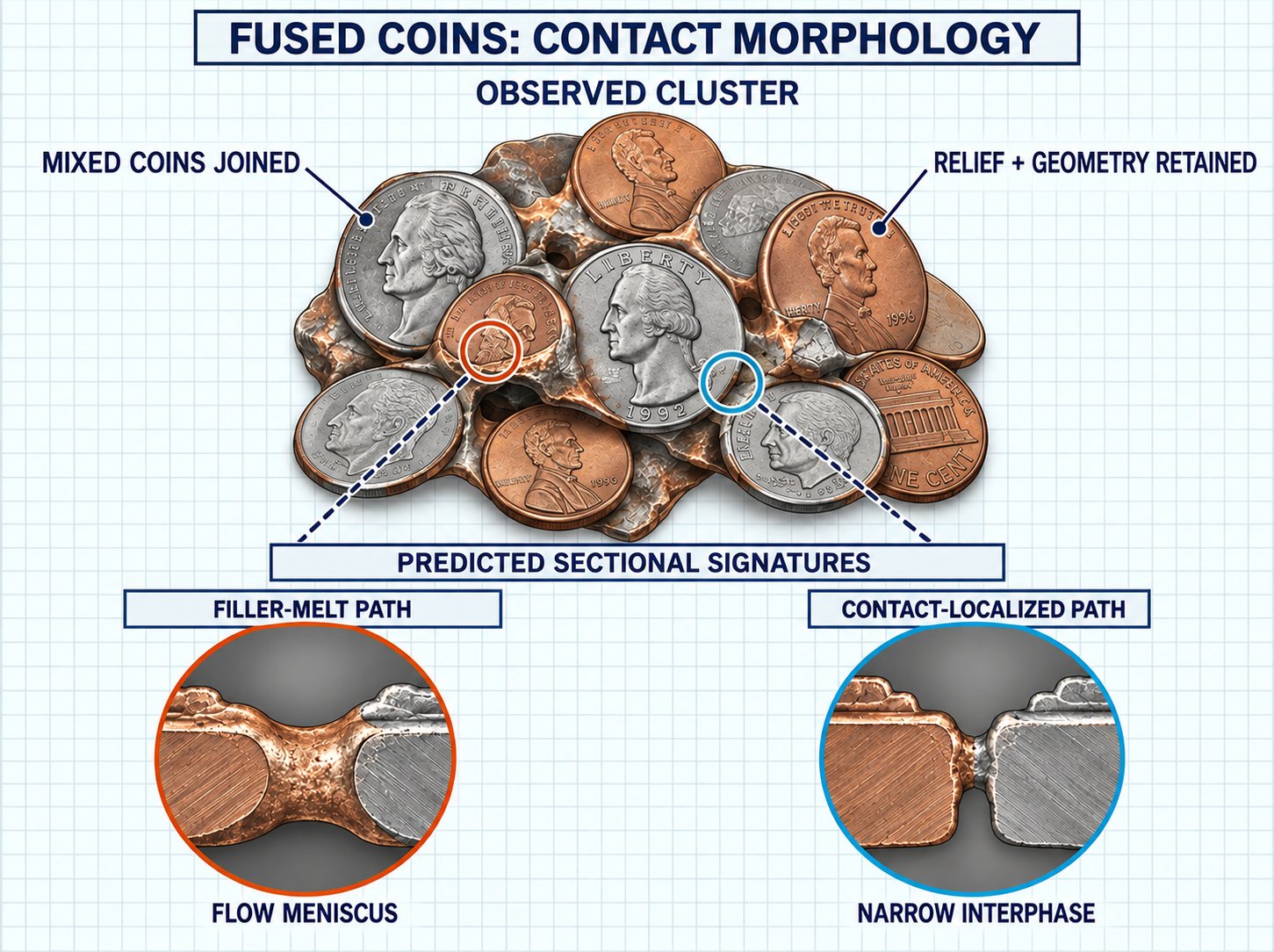Diagram 15. Fused coins contact morphology: predicted bulk-heating and contact-localized signatures.