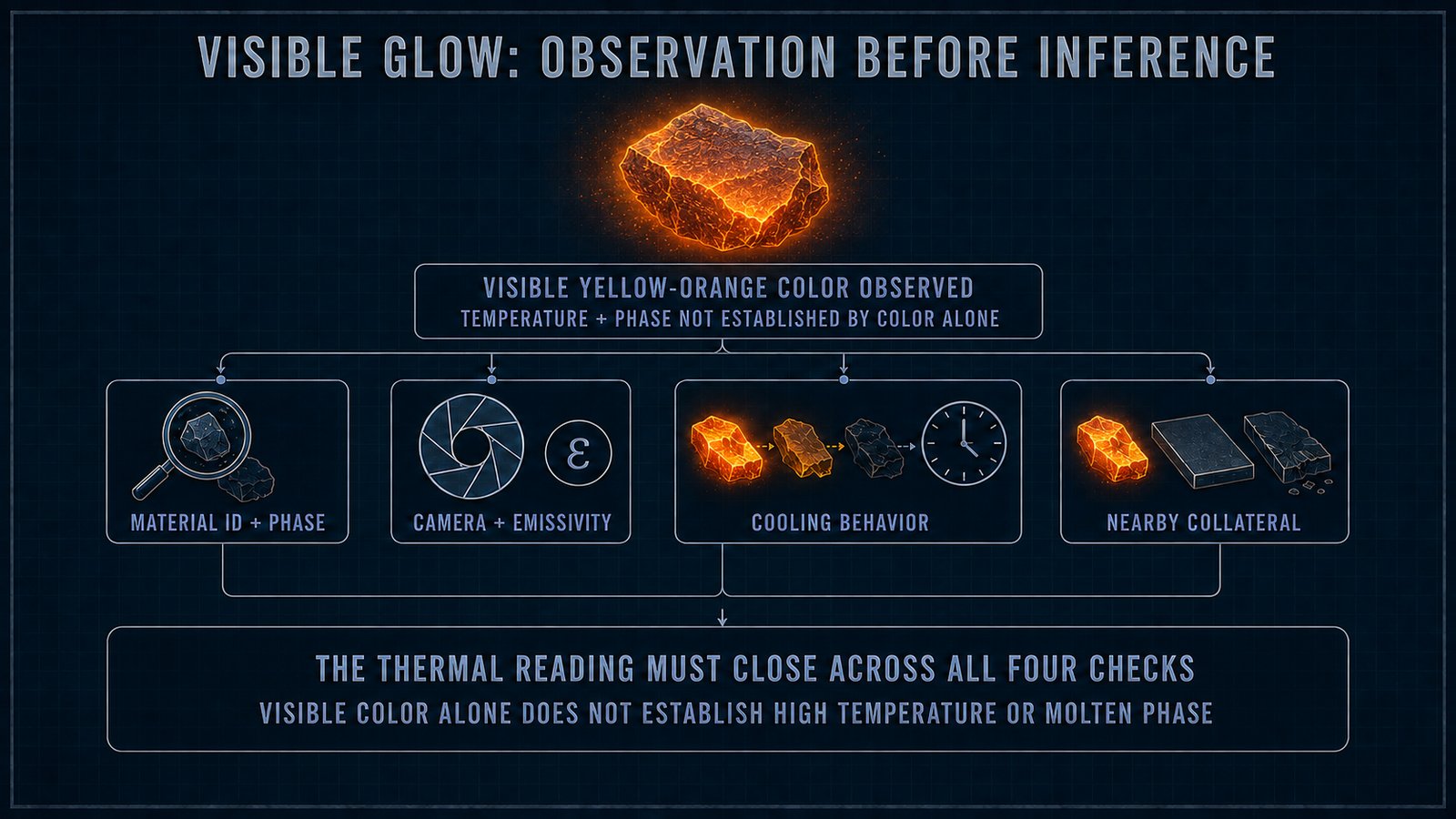 Diagram 26. Visible-glow observation checks: color, duration, collateral heating, and calibrated measurement.
