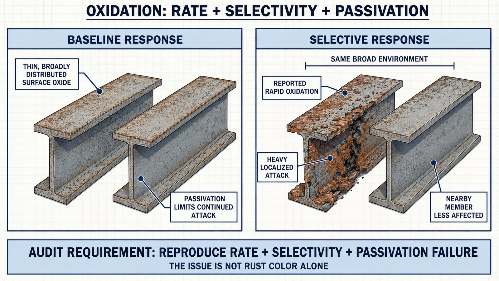 Diagram 31. Oxidation-rate comparison emphasizing rate, selectivity, and passivation behavior.