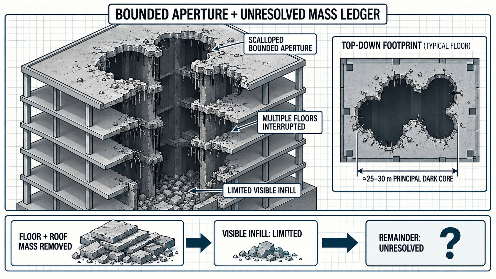 Diagram 42. Bounded aperture and unresolved mass ledger: impact-rubble infill versus the reported void geometry.