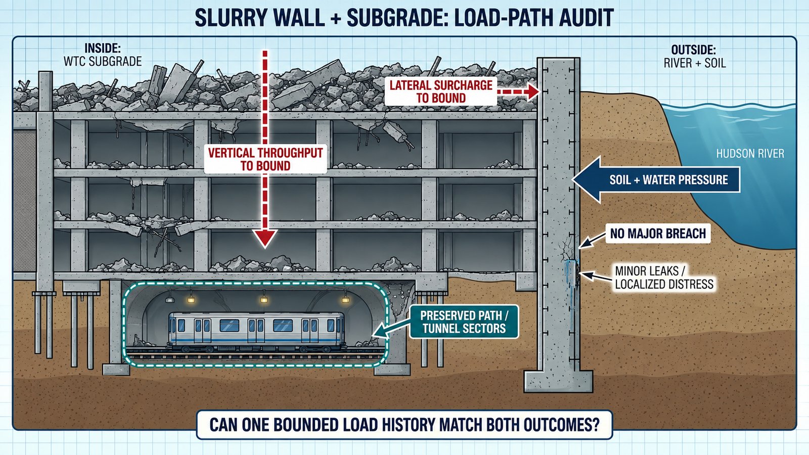Diagram 45. Combined slurry-wall and subgrade load-path audit: expected concentrated demand versus the reported bounded outcome.